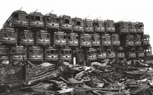 Infamous image of LA street cars ready for dismantling after purchase of the street car network by National City Lines