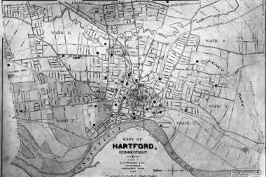 Above is a map of Hartford circa 1900. This map and others like it can be found within the Hartford Public Library.