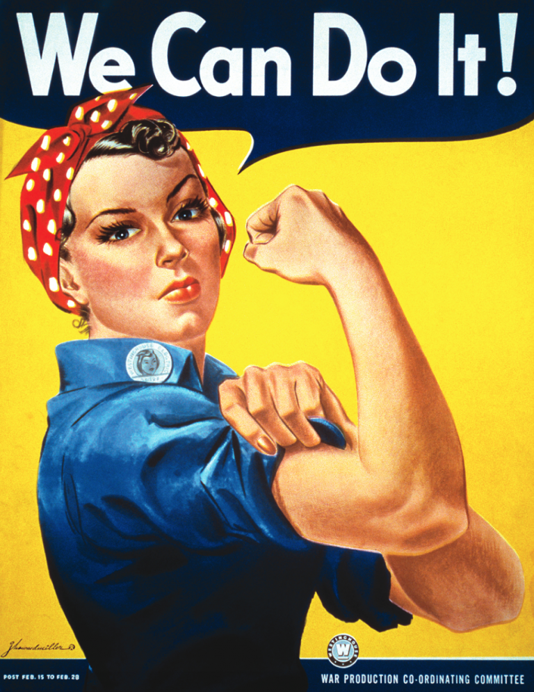 Rosie the Riveter- Artist J. Howard Miller produced this work-incentive poster for the Westinghouse Electric & Manufacturing Company.