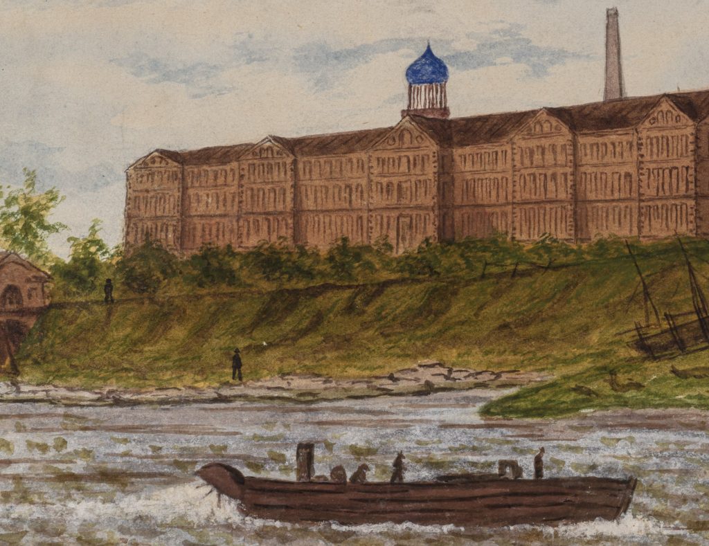 View from the Connecticut River of the Colt factory complex. A boat appears to be moving upstream in the foreground. Painted by Joseph Ropes. Ropes was a landscape painter and miniaturest who also worked in crayon. He had a studio in Hartford 1861-1865. Wadsworth 2013. 