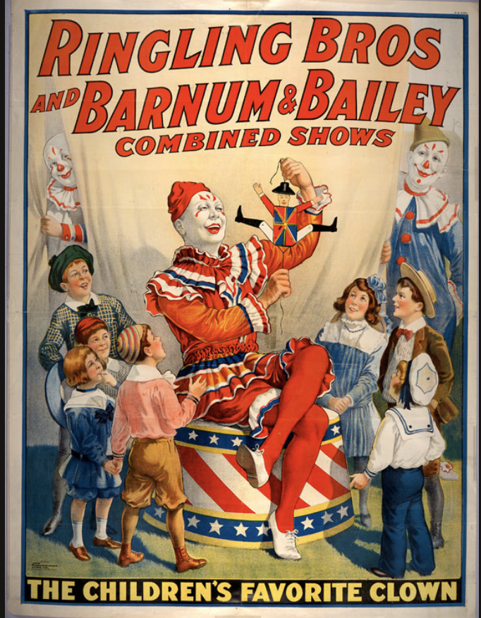 A Ringling Bros and Barnum and Bailey circus program, which includes the traveling circus' main tagline, "The Greatest Show on Earth". Also prominent is a happy clown, as well as an arrangement of circus tents