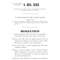2022 Senate Resolution Commemorating the 105th anniversary of the granting of United States citizenship to the people of Puerto Rico (S. Res. 535)