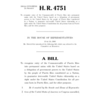2000 Bill To Recognize Entry of the Commonwealth of Puerto Rico Into Permanent Union with the United States Based on a Delegation of Government Powers to the United States by the People of Puerto Rico Constituted as a Nation, to Guarantee Irrevocable United States Citizenship as a Right Under the United States Constitution for all Persons Born in Puerto Rico, and for Other Purposes (H.R. 4751)