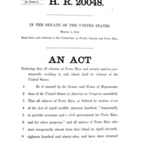 1912 Bill Declaring That All Citizens of Porto Rico and Certain Natives Permanently Residing in Said Island Shall Be Citizens of the United States (H.R. 20048)
